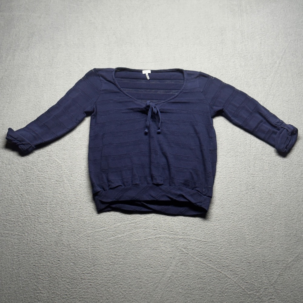 Splendid Navy Blue Knit Top Tie Front Sheer Stripe 3/4 Sleeve Size M Made in USA